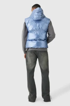 Best Sale boohooMAN Metallic Hooded Puffer Gilet In light blue