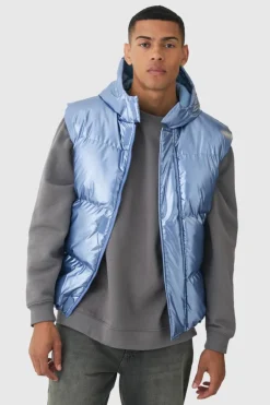 Best Sale boohooMAN Metallic Hooded Puffer Gilet In light blue