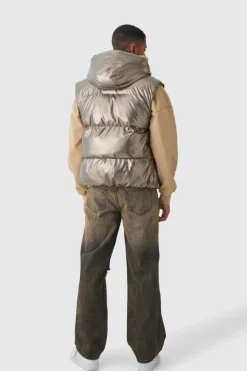 Clearance boohooMAN Metallic Hooded Puffer Gilet In bronze