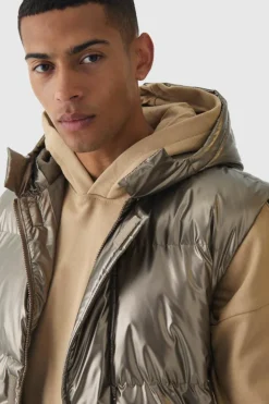 Clearance boohooMAN Metallic Hooded Puffer Gilet In bronze