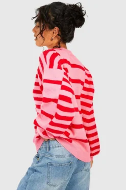 Fashion boohoo Mixed Stripe Oversized Jumper pink