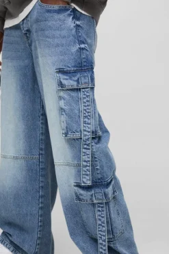 Cheap boohooMAN Multi Pocket Baggy Cargo Jeans light wash