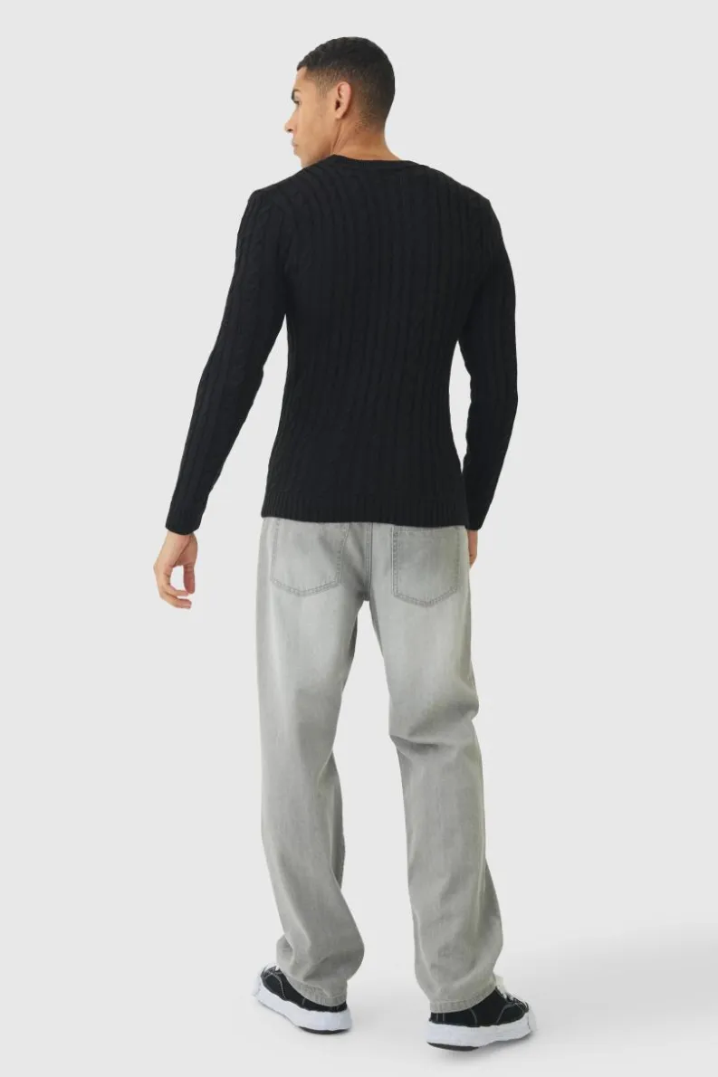 Store boohooMAN Muscle Fit Cable Knit Jumper black