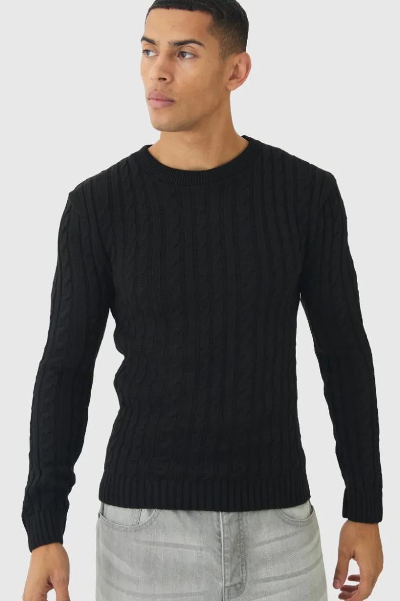 Store boohooMAN Muscle Fit Cable Knit Jumper black