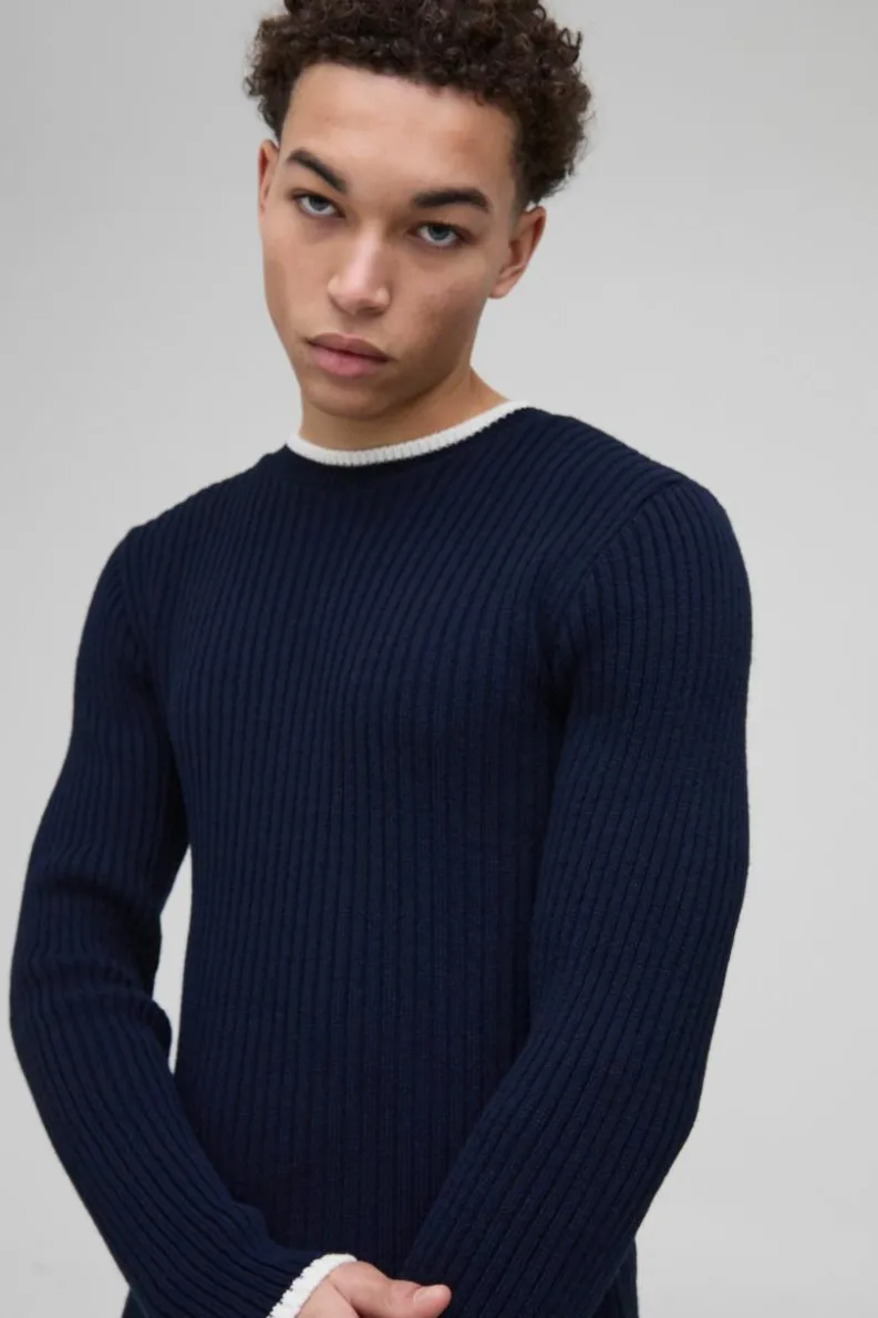Clearance boohooMAN Muscle Fit Contrast Colour Long Sleeve Knitted Jumper navy