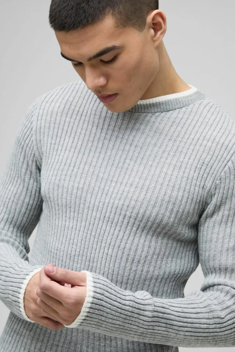Outlet boohooMAN Muscle Fit Contrast Colour Long Sleeve Knitted Jumper grey
