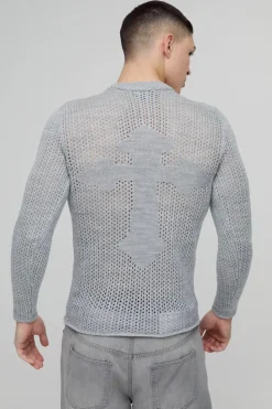Hot boohooMAN Muscle Fit Open Stitch Cross Graphic Long Sleeve Knitted T-Shirt grey