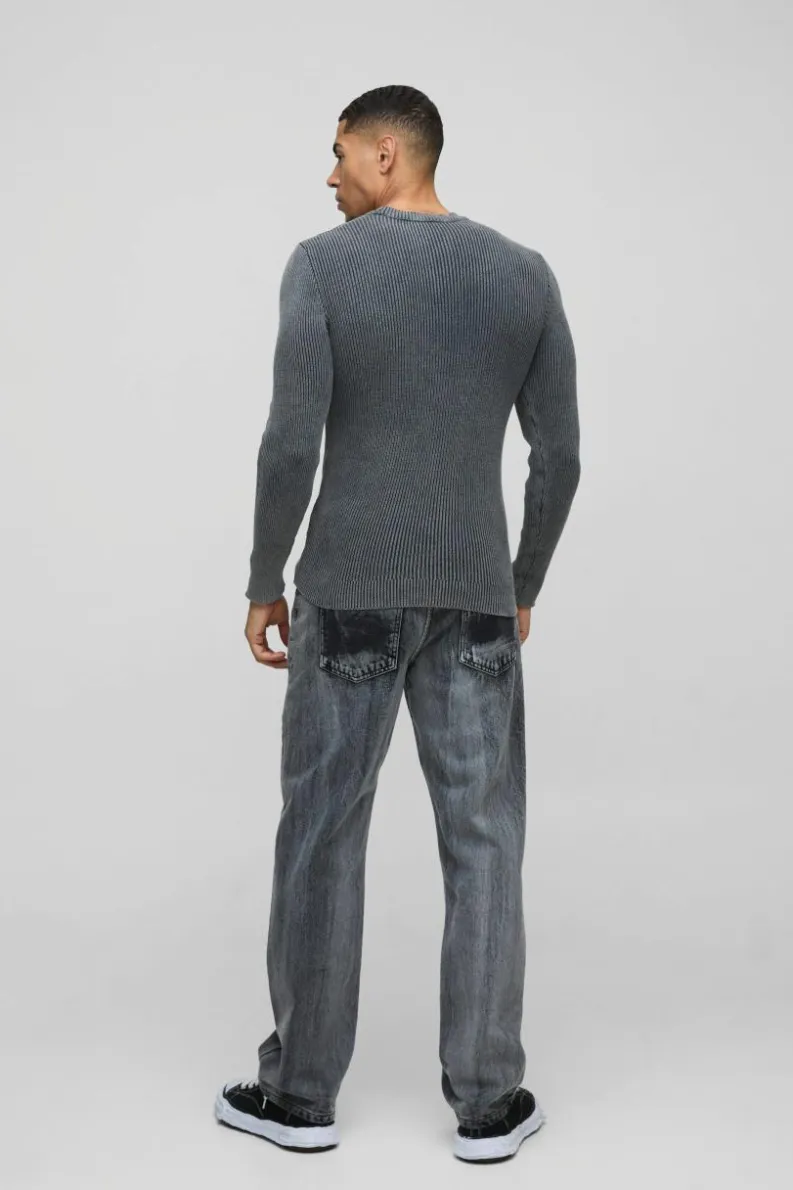 Best boohooMAN Muscle Fit Ribbed Acid Wash Knitted Jumper charcoal