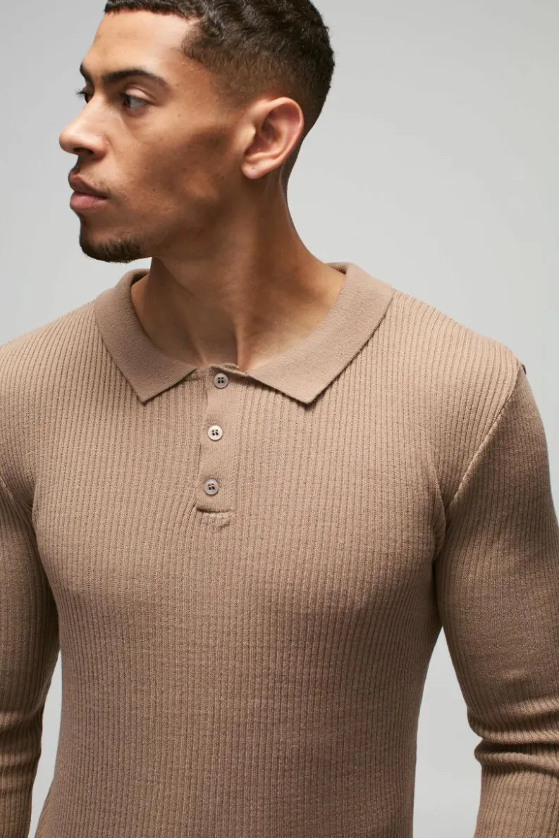 Fashion boohooMAN Muscle Fit Ribbed Button Neck Knitted Polo taupe