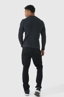 Flash Sale boohooMAN Muscle Fit Ribbed Knit Jumper black