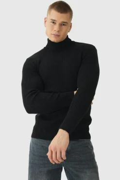 Hot boohooMAN Muscle Fit Ribbed Knit Roll Neck Jumper In black
