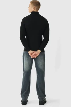 Hot boohooMAN Muscle Fit Ribbed Knit Roll Neck Jumper In black