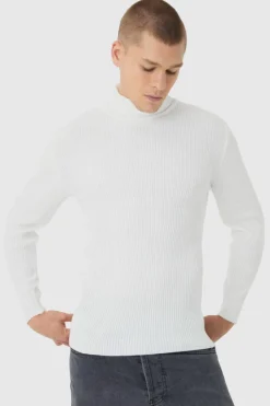 Discount boohooMAN Muscle Fit Ribbed Knit Roll Neck Jumper In white
