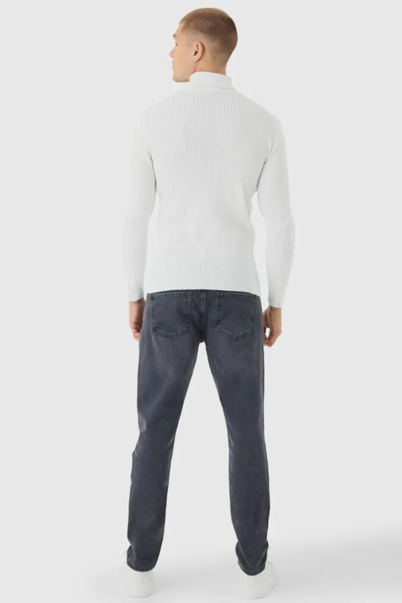 Discount boohooMAN Muscle Fit Ribbed Knit Roll Neck Jumper In white
