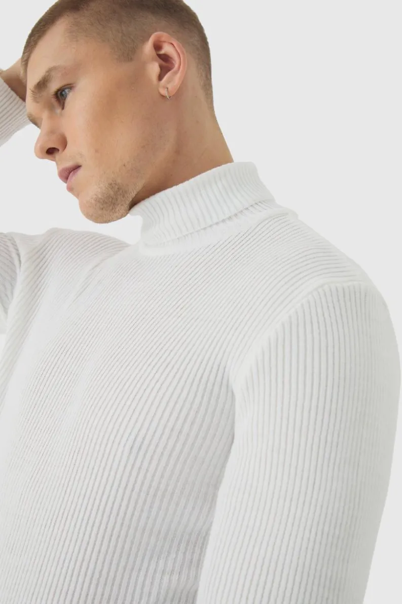 Discount boohooMAN Muscle Fit Ribbed Knit Roll Neck Jumper In white