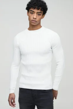 Online boohooMAN Muscle Fit Ribbed Long Sleeve Jumper ecru