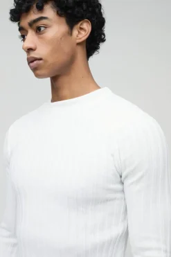 Online boohooMAN Muscle Fit Ribbed Long Sleeve Jumper ecru