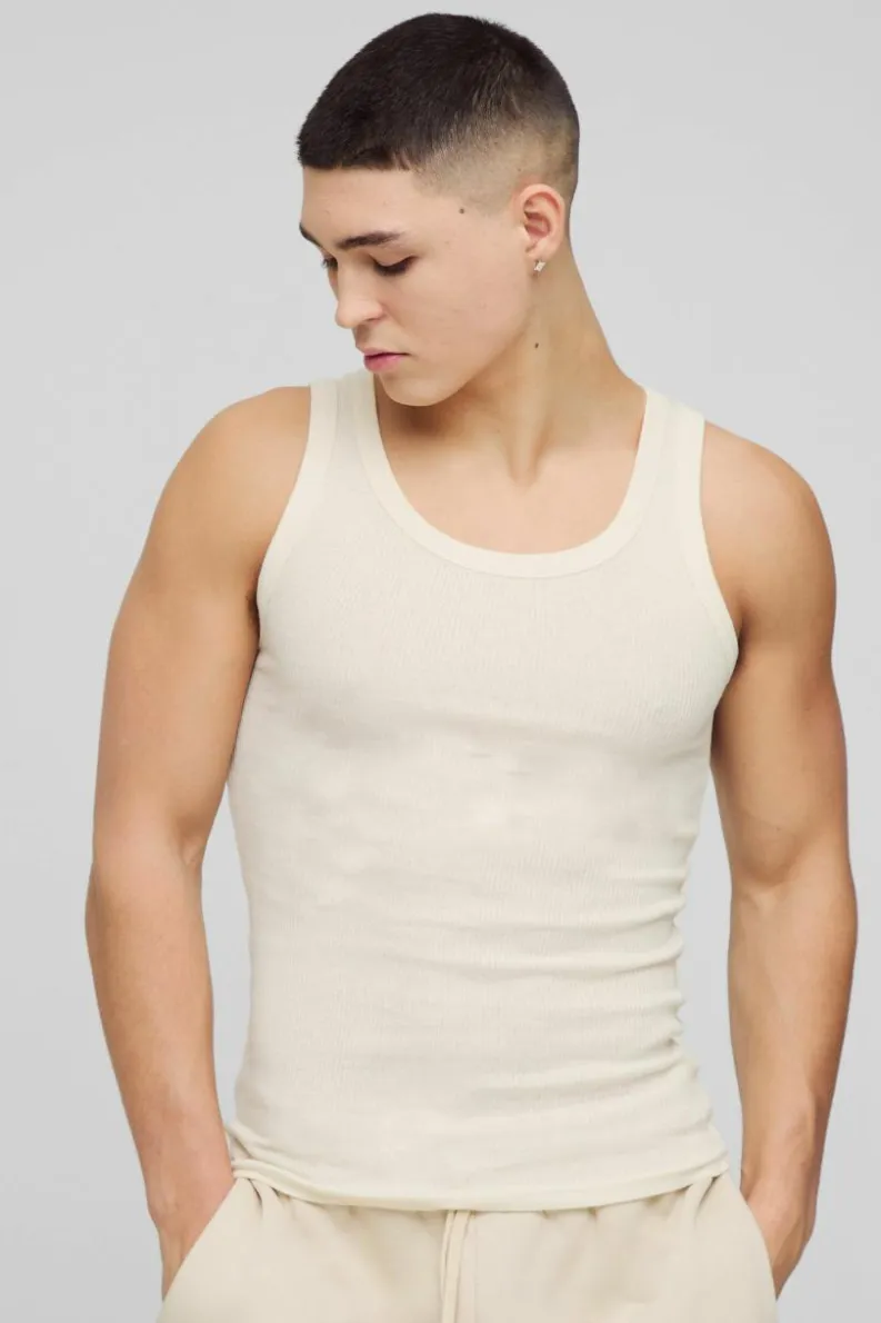 Clearance boohooMAN Muscle Fit Ribbed Vest ecru