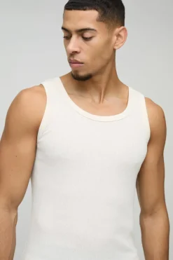 Cheap boohooMAN Muscle Fit Ribbed Vest ecru