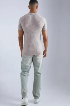 New boohooMAN Muscle Short Sleeve Cable Polo taupe