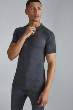 Shop boohooMAN Muscle Short Sleeve Half Zip Polo charcoal