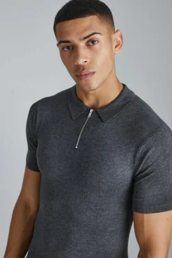Shop boohooMAN Muscle Short Sleeve Half Zip Polo charcoal