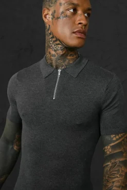 Shop boohooMAN Muscle Short Sleeve Half Zip Polo charcoal