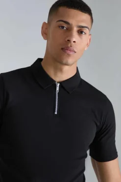 Best boohooMAN Muscle Zip Neck Polo black