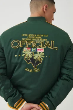 Store boohooMAN Official Embroidered Satin Padded Bomber Jacket green