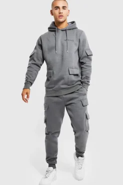 Cheap boohooMAN Official Man Cargo Hooded Panelled Tracksuit slate