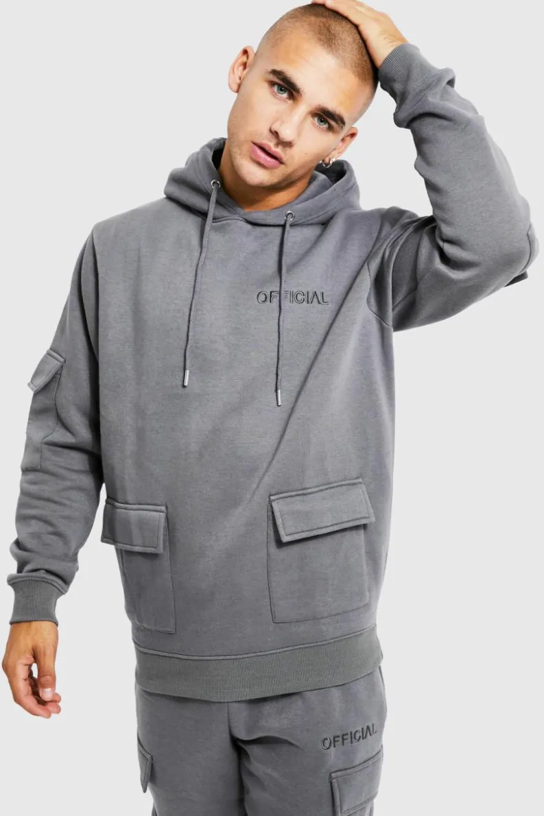 Cheap boohooMAN Official Man Cargo Hooded Panelled Tracksuit slate