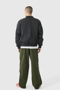 Online boohooMAN Official Satin Pinstripe Varsity Bomber Jacket black