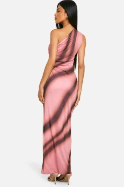 Fashion boohoo One Shoulder Abstract Printed Mesh Maxi Dress pink