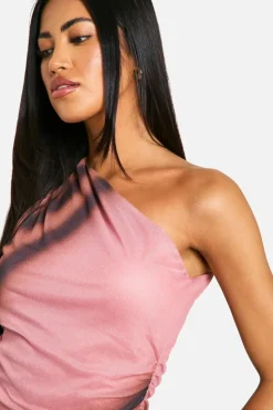 Fashion boohoo One Shoulder Abstract Printed Mesh Maxi Dress pink