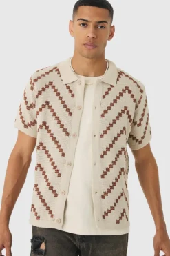 Store boohooMAN Open Knit Stripe Shirt In ecru
