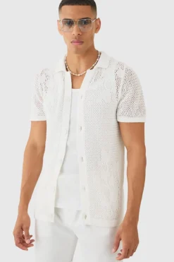 Store boohooMAN Open Stitch Tonal Floral Intarsia Short Sleeve Knit Shirt ecru