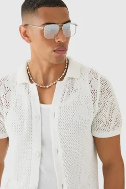 Store boohooMAN Open Stitch Tonal Floral Intarsia Short Sleeve Knit Shirt ecru