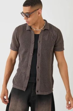 Store boohooMAN Open Stitch Tonal Floral Intarsia Short Sleeve Knit Shirt chocolate