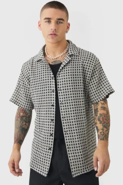Hot boohooMAN Open Weave Oversized Shirt black