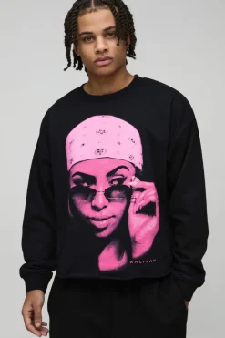 Online boohooMAN Oversized Aaliyah Raw Hem License Print Sweatshirt black