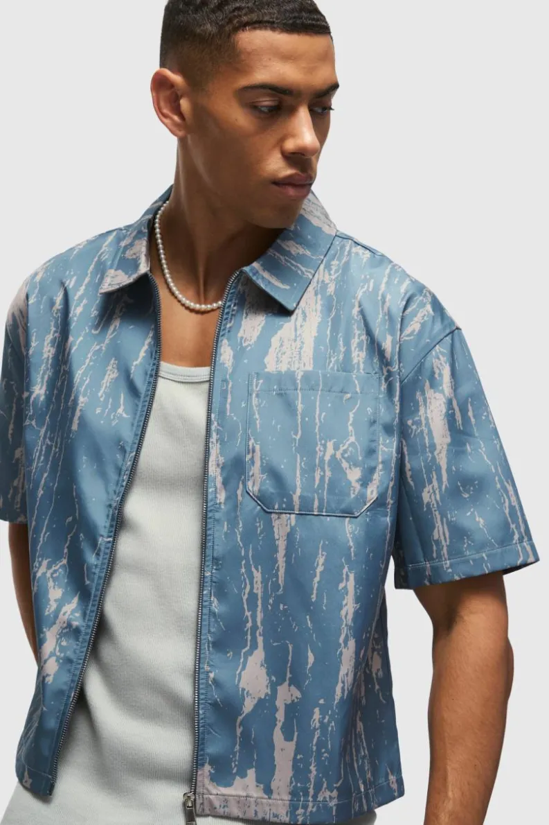 New boohooMAN Oversized Abstract Boxy Shirt light blue