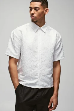 New boohooMAN Oversized Abstract Jacquard Boxy Shirt white