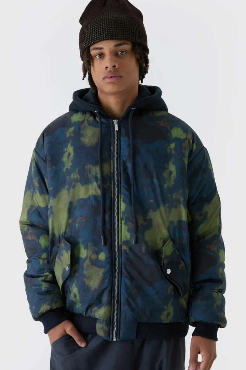 Online boohooMAN Oversized Abstract Print Hooded Bomber Jacket In navy