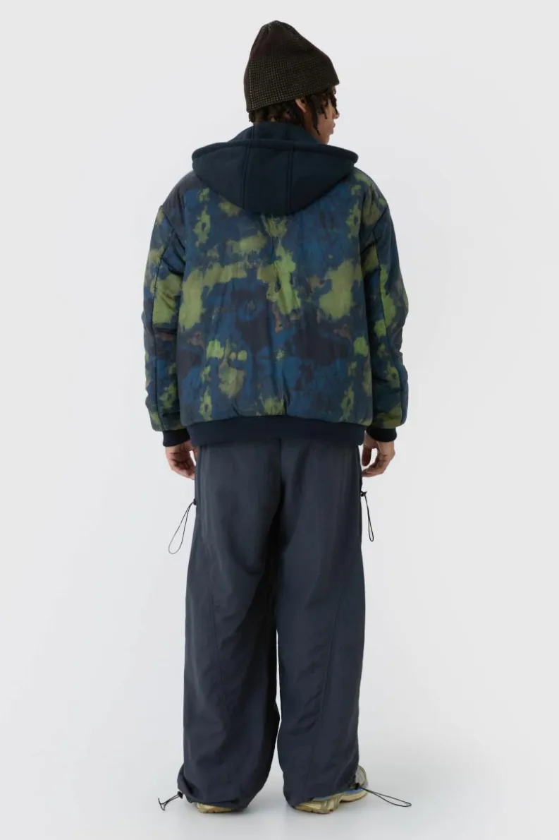 Online boohooMAN Oversized Abstract Print Hooded Bomber Jacket In navy