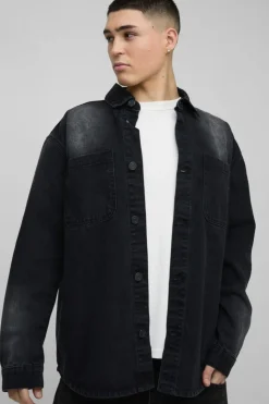 Flash Sale boohooMAN Oversized Acid Wash Applique Denim Shirt black
