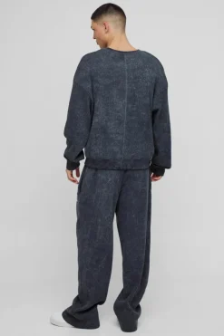 Hot boohooMAN Oversized Acid Wash Heavy Waffle Hooded Tracksuit With Woven Tab black