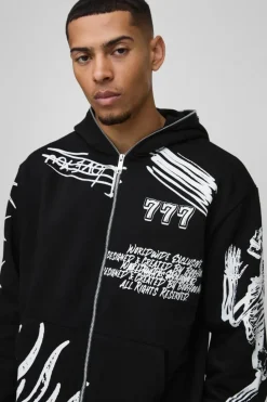 Outlet boohooMAN Oversized AOP Doodle Zip Through Tracksuit black