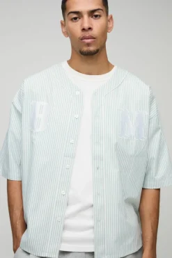 Cheap boohooMAN Oversized Applique Baseball Shirt khaki