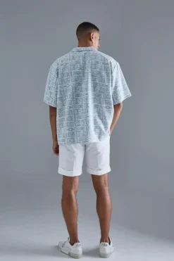 Sale boohooMAN Oversized Aztec Jacquard Rugby Half Sleeve Sweatshirt blue