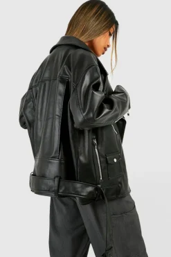 Best boohoo Oversized Belted Biker Jacket black